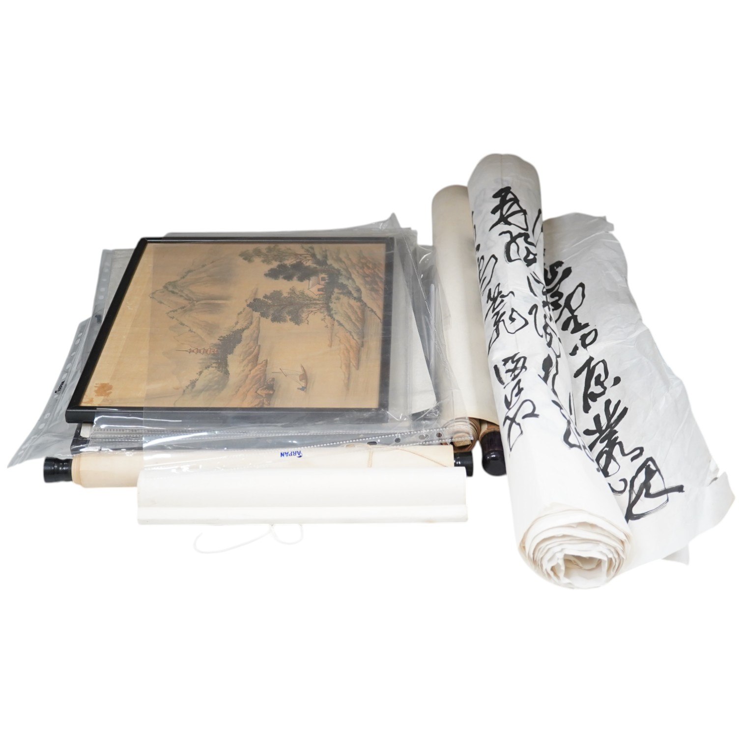 Four Japanese paintings on silk, and two woodblock prints, one after Shinsai, largest 30x25cm